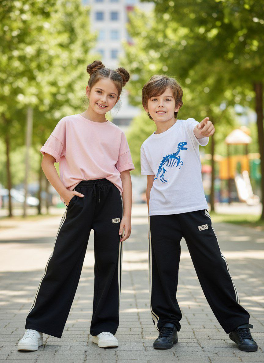 شلوار بگ گلکسی پنبه بچگانه نوار کنفی مشکی مدل اسپرت مناسب ۶ تا ۱۲ سال